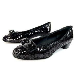 SALVATORE FERRAGAMO Vara Bow Black Sequin Block Heel Ballet Pumps Size 5.5